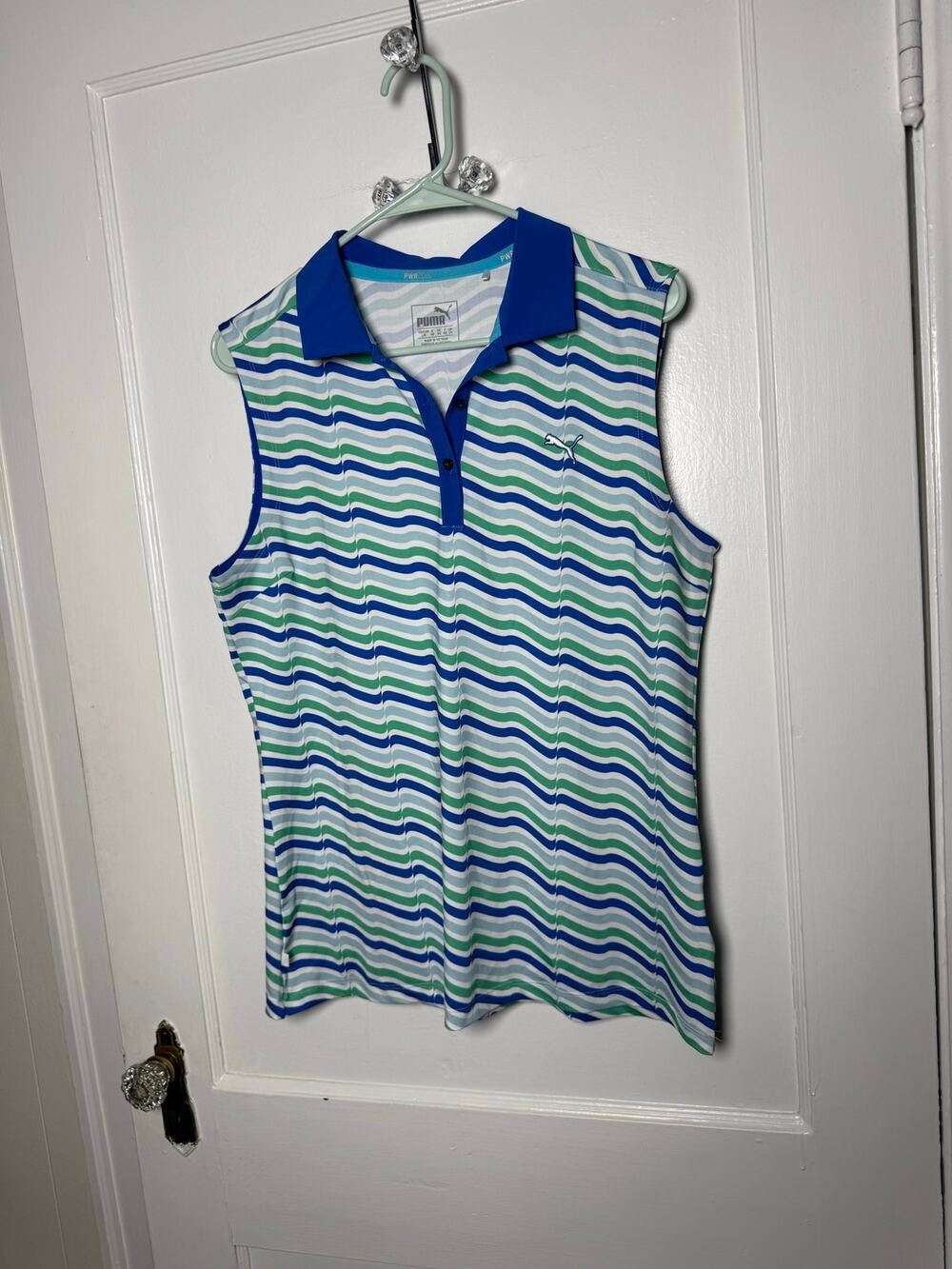 Puma Golf Womens L Sleeveless Polo Blue Green Stripe Golf Shirt Large